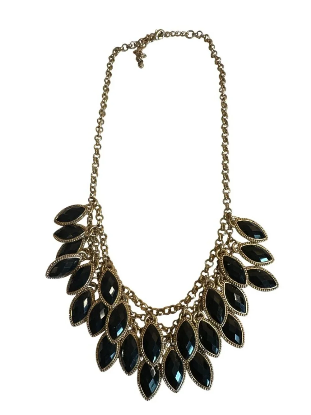 Gold-Tone Necklace Black Marquise Faceted Beads Bib Chunky Career Elegant